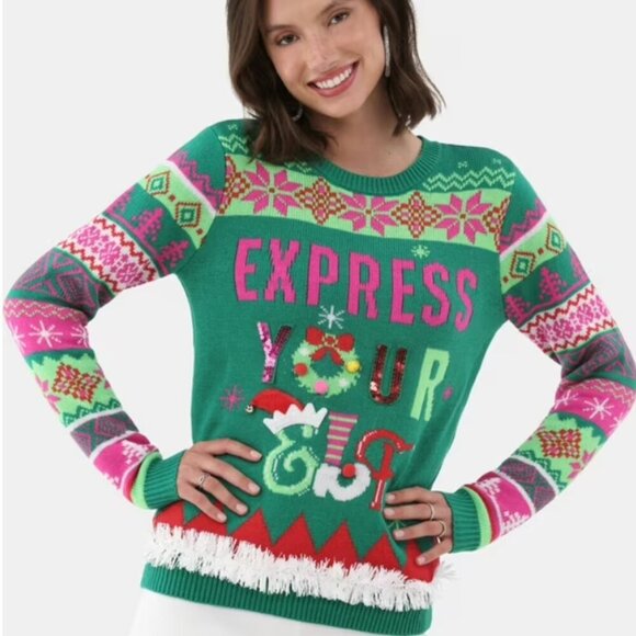 Christmas Express Your Elf Campy Women's Christmas Crewneck Sweater Size Large - Picture 13 of 13